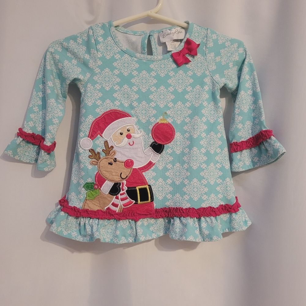 Emily Rose Christmas Tunic Santa Reindeer Applique Ruffle Hem Sleeves Bow 3T